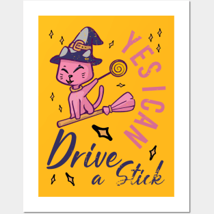 Yes I Can Drive A Stick Funny Cat Halloween Outfit Posters and Art